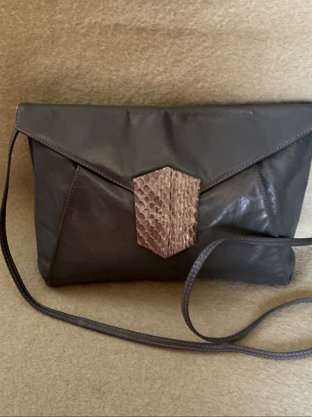 Leather Envelope Crossbody Clutch with Snake-Texture Accent in Dark Brown